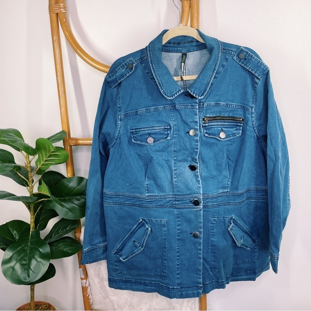 Plenty by Tracy Reese Blue Denim Military Detailed Utility Jacket Plus 2X